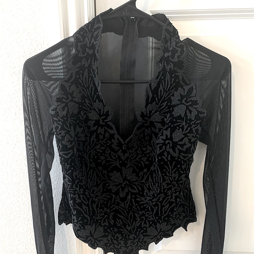 TADASHI Black Sheer & Beaded Evening Blouse